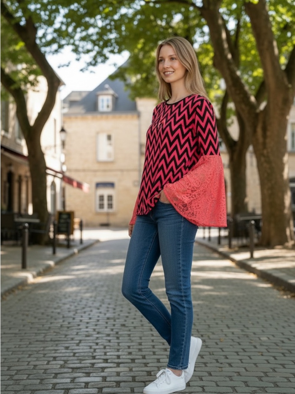 Pink & Black Chevron Flare Sleeve Top Size Large Statement Bell Sleeve Blouse - Picture 3 of 6